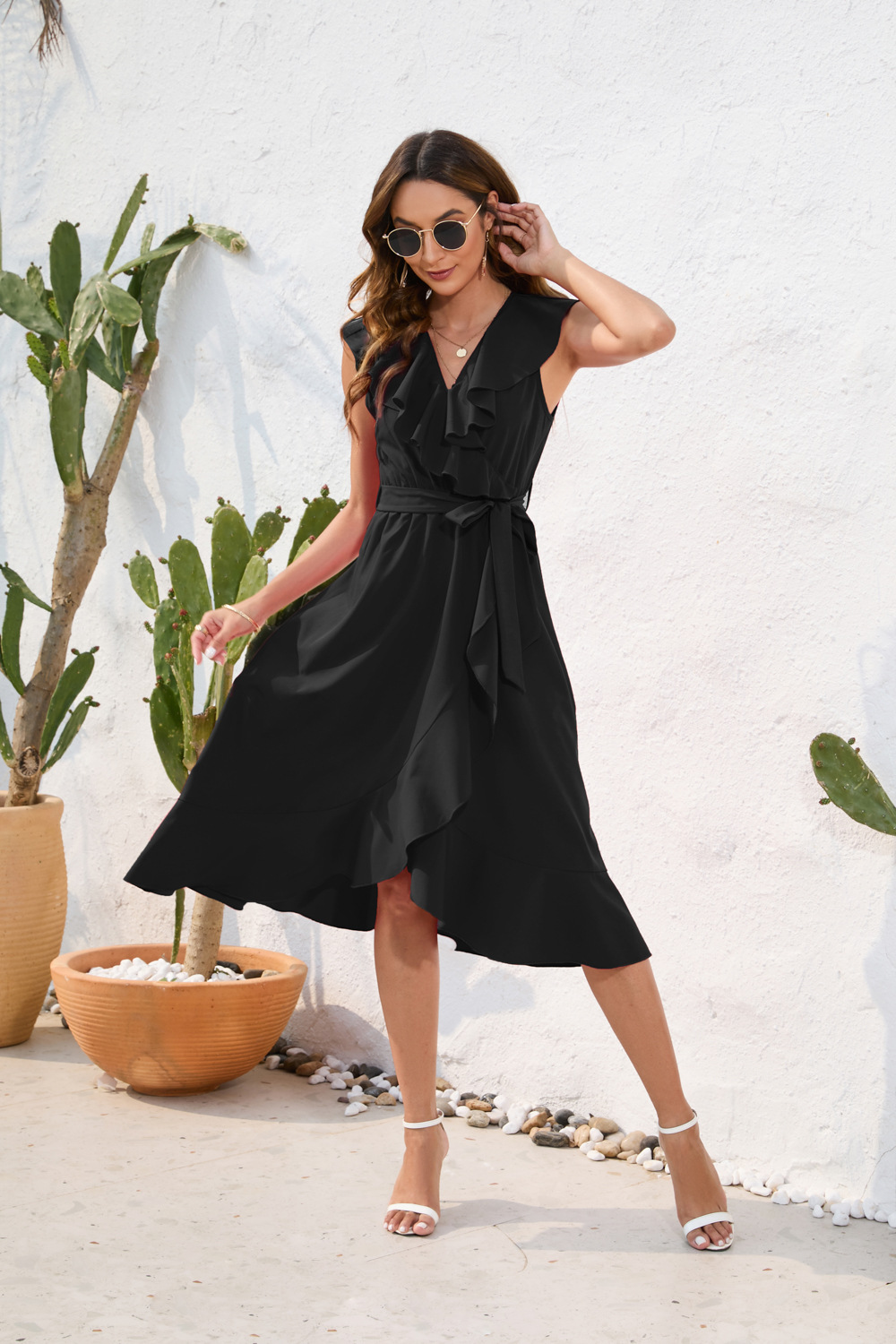 Women Clothing Waist Tight Sexy V neck Dress Casual Vacation Travel Solid Color Dress Sleeveless Split