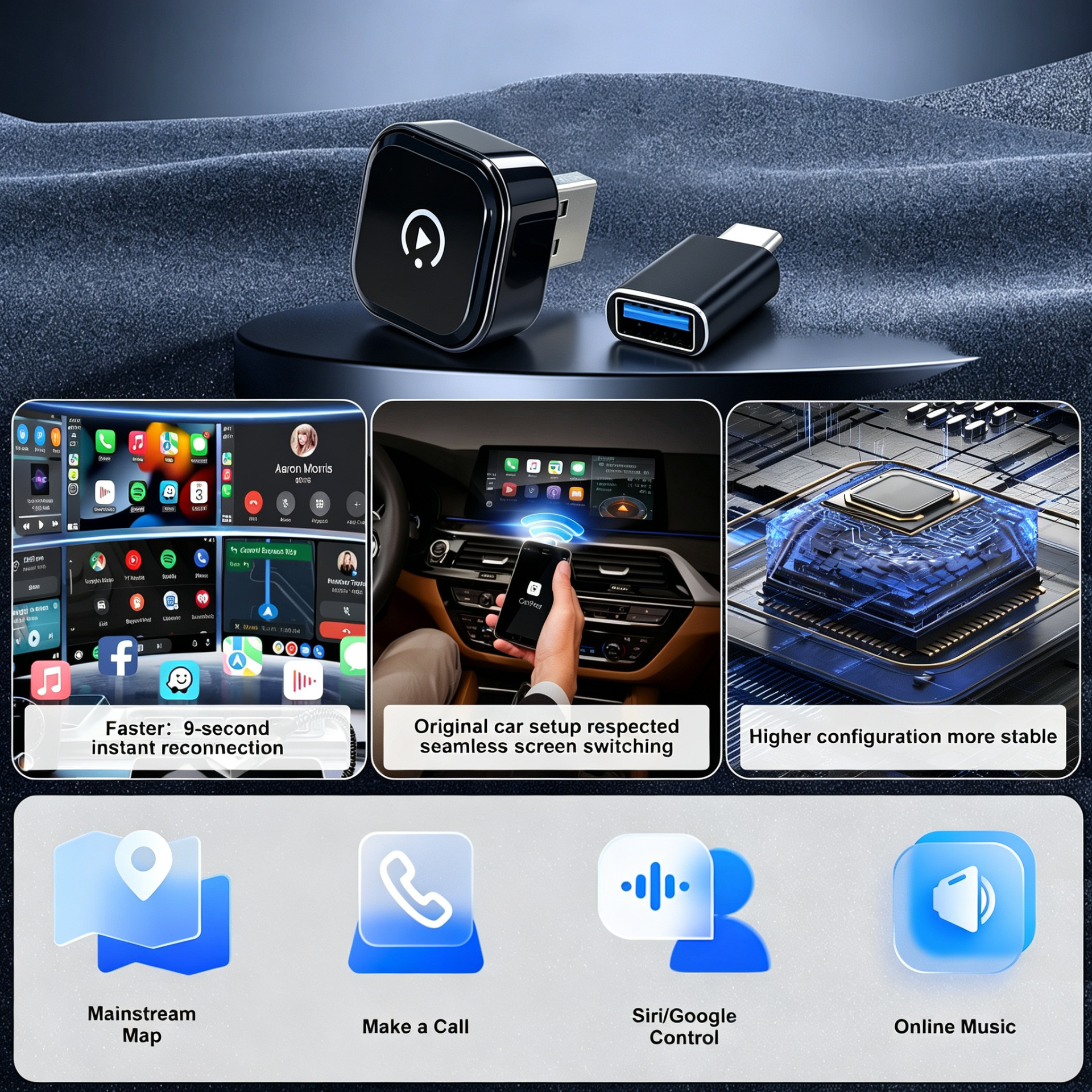 Overseas Cross-Border Two-In-One In-Car Wired to Wireless Smart Carplay Box Androidauto Adapter