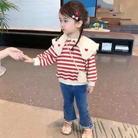 童装批发女童两件套秋新款小女孩大翻领条纹卫衣加小花牛仔喇叭裤