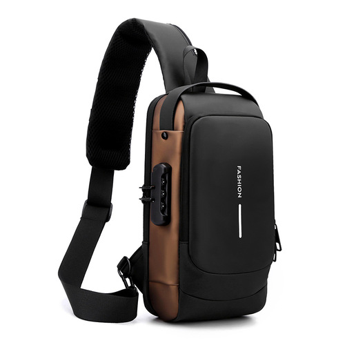 Leather Chest Bag Men's Chest Bag USB Charging Backpack Water-Repellent Backpack Shoulder Bag Commuting Crossbody Chest Bag