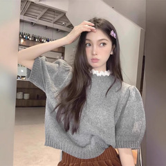 蕾丝边半高领针织衫女设计感小众春秋泡泡袖纯欲上衣内搭短袖毛衣