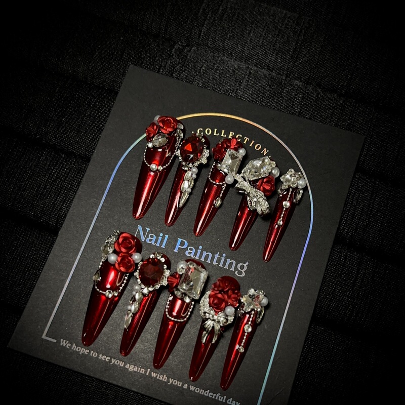 Purely Handmade Wearable Nails with a High-End Feel, Wine Red Cat-Eye Long Nail Tips, Heavy-Duty Fake Nail Patches, European and American Cross-Border