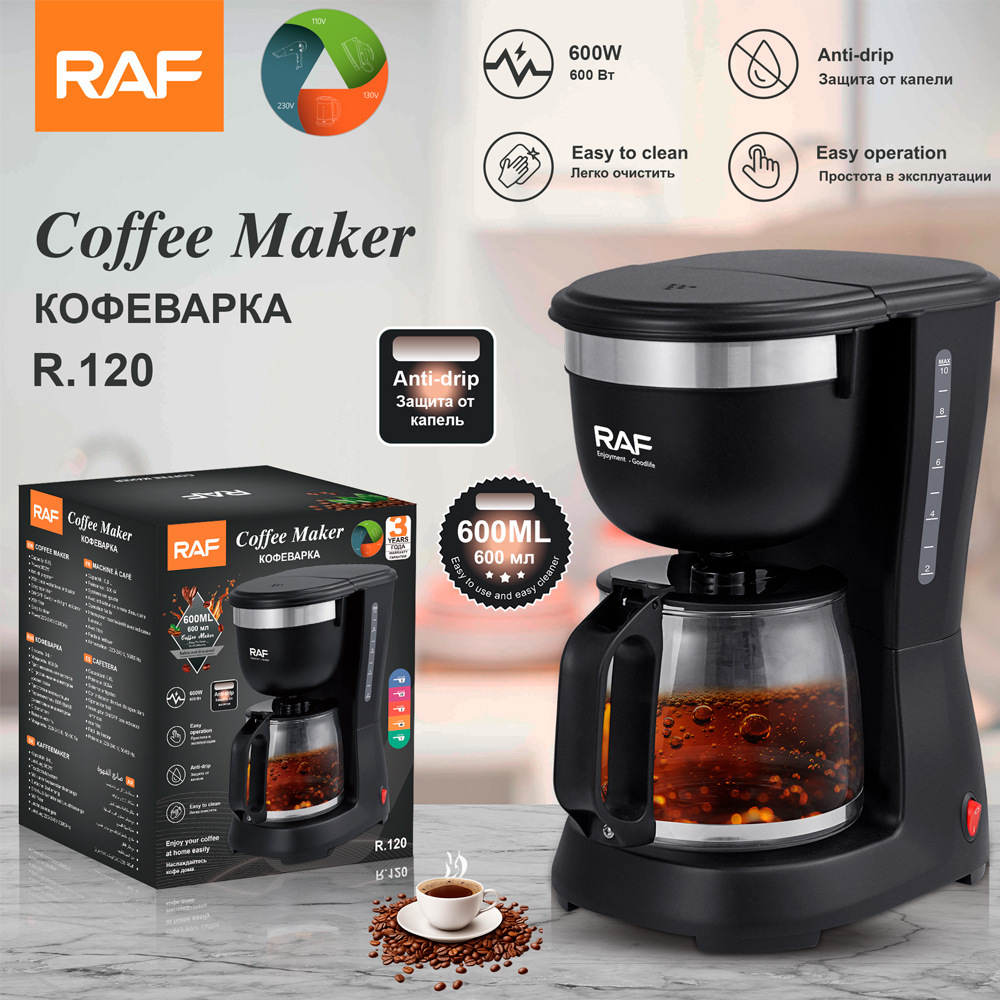 Máquina de café de goteo estándar británica estándar europea RAF, máquina de café pequeña integrada automática para el hogar, olla moka para dormitorio 600ml