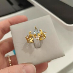 中古ブルーティアドロップダイヤモンドクラウン婚約指輪女性用レトロヴィンテージ宮殿スタイルオープンゴールドメッキ人差し指リング