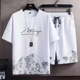Short-sleeved T-shirt Men's Summer Casual Suit Fashionable Loose Thin Breathable Sports Fitness Shorts Large Size Two-piece