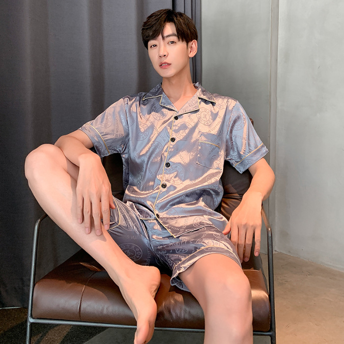 Pijamas de verano hombres de seda artificial jacquard Plaid pareja de Mujeres de manga corta de solapa cardigan casual cómodo traje de uso doméstico