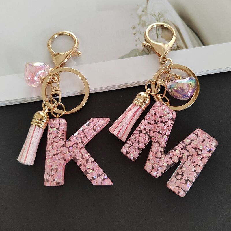 Hot-Selling Creative 26-Letter Initial Keychain with Tassel, Heart Pendant, Key Ring, Star Sequins, Resin Key