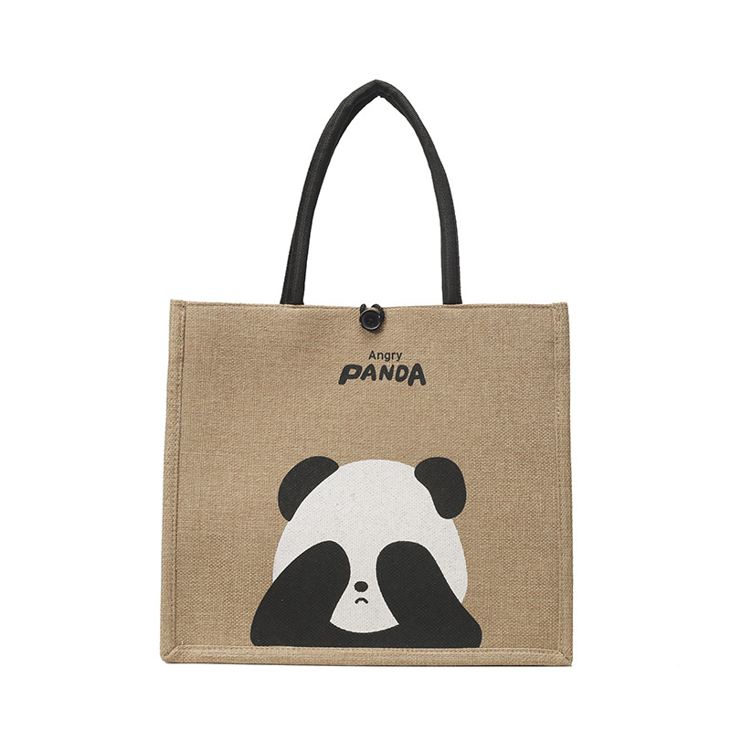 New Portable Tote Bag Linen Tote Bag Cute Panda Retro Linen Shopping Bag Travel Bag Shoulder Bag
