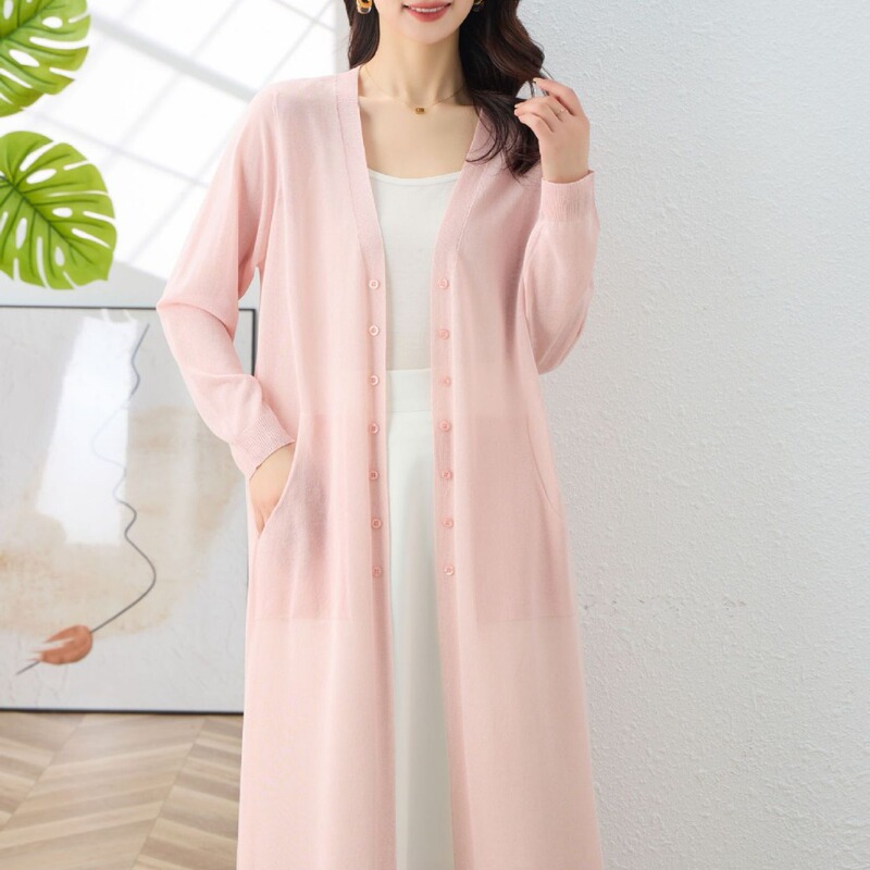 Plus-Size Women's Spring and Summer Long Knit Cardigan, Elegant and Simple Style, Long-Sleeved Air-Conditioning Shirt, Long-Sleeved Women's Slimming Top