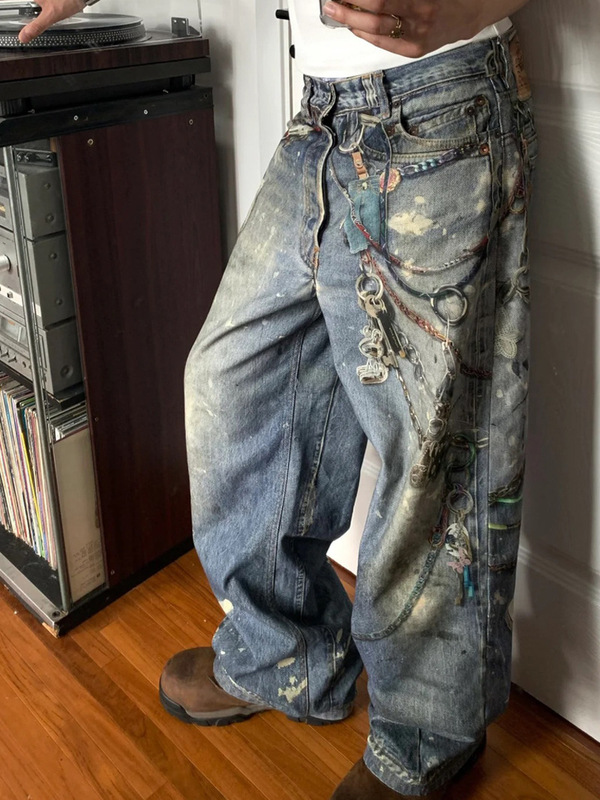 3Dプリント立体チェーンストレートルーズフィットACデニムパンツ、スプラッシュインク加工、ヴィンテージ風、男女兼用、ロングパンツ、カジュアルで万能|undefined