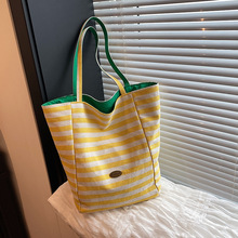 大容量通勤托特包双面条纹帆布包女外贸韩国新款慵懒风手提单肩包