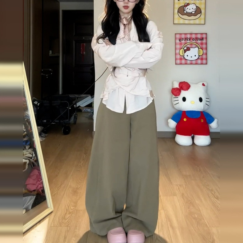 韩系收腰绑带粉色长袖衬衫女早秋季设计感独特漂亮高级感气质上衣|undefined