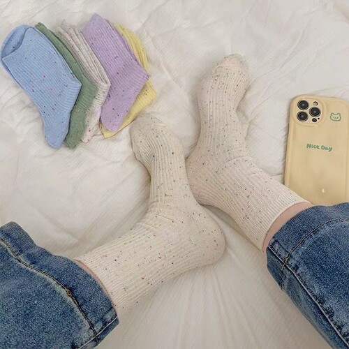 Red Book Style Japanese Socks Cute Mid-Calf Student Socks Iridescent Thin Striped Solid Color Female Simple Versatile