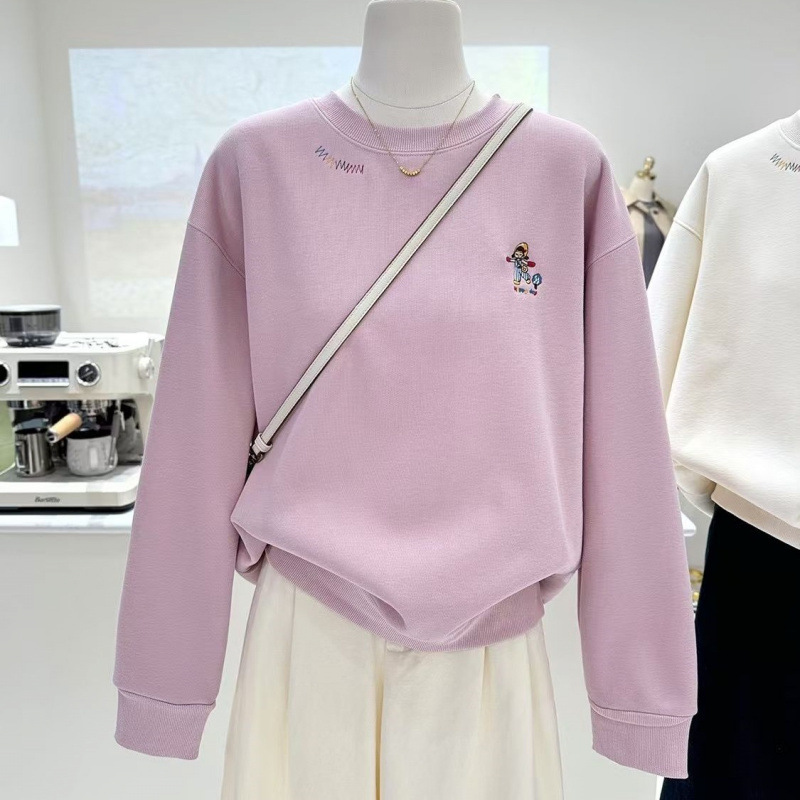Autumn and Winter New Korean Style Cartoon Embroidery Plus Velvet Thickened Casual Jacket Loose Lazy Round Neck Design Sweatshirt for Women
