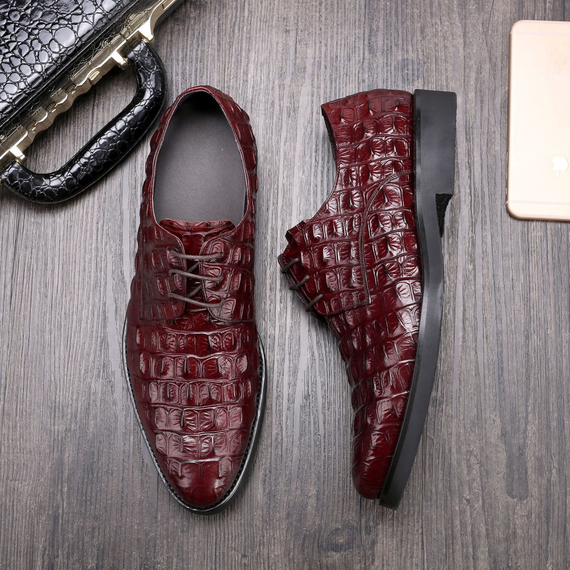 Men's Derby Formal Shoes In Crocodile Pattern Leather Round Toe_voghion.com