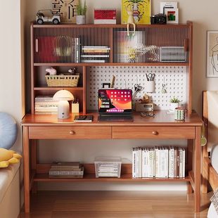 Solid Wood Desk Bookshelf Integrated Bedroom Computer Table Student Home Writing Desk with Hole Board Living Room Homework Table