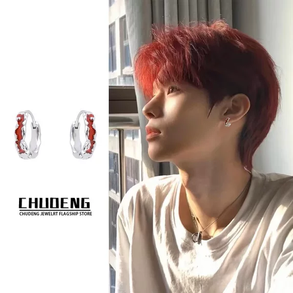 Red Venom Irregular Texture Earrings Women's Light Luxury Neutral Design Advanced Ear Pole Personality Instagram Style Ear Buckle for Men