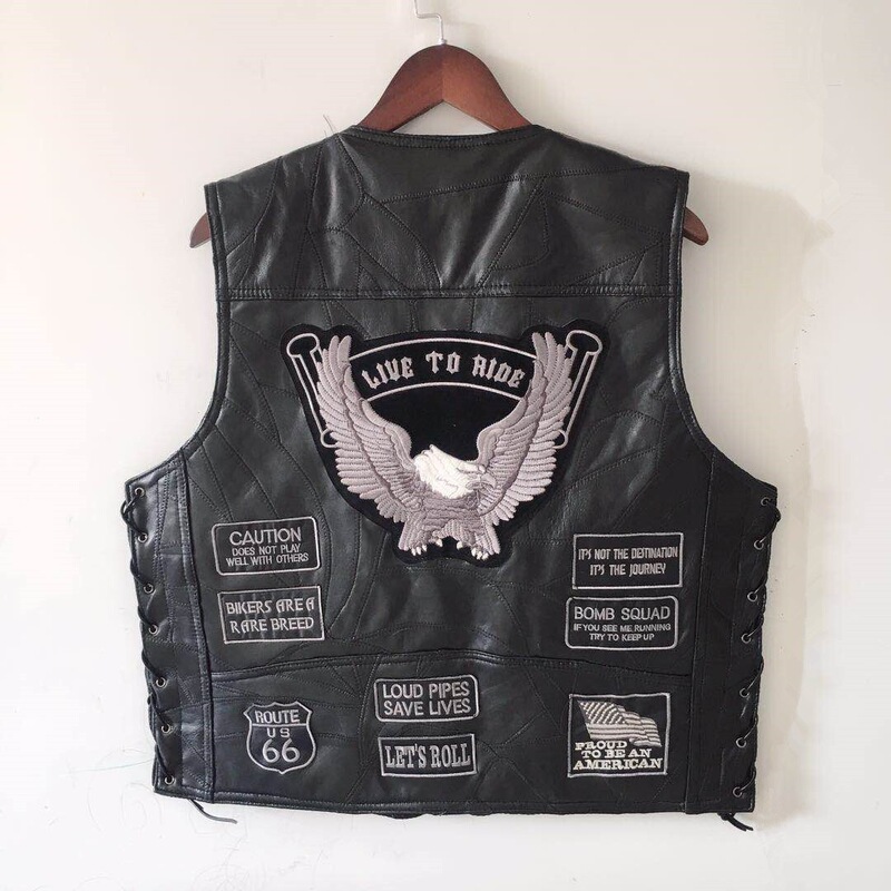 European and American Classic Leather Vest, Riding Vest, Silver-Gray Embroidered Badge Style, Men's Motorcycle Leather Vest