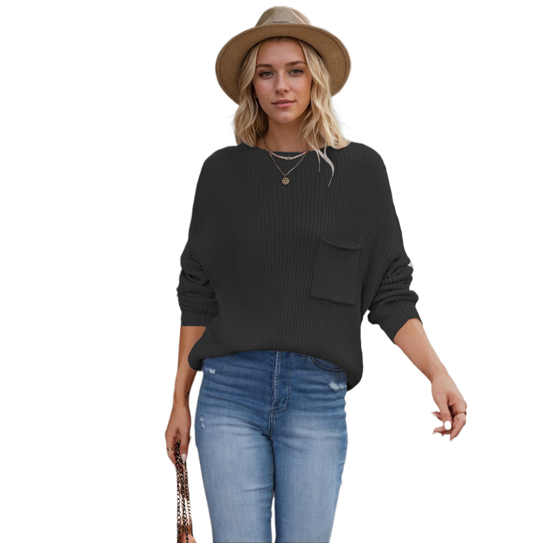 2023 invierno Amazon nuevo Batwing manga pequeño cuello alto suéter europeo y americano color sólido bolsillo suéter de las mujeres