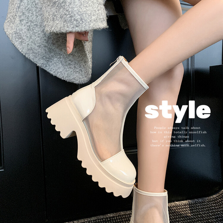 Boot ngắn nữ da thật vải lưới cao gót 6cm mùa hè phong cách Anh thoáng khí — Màu đen, Trắng be