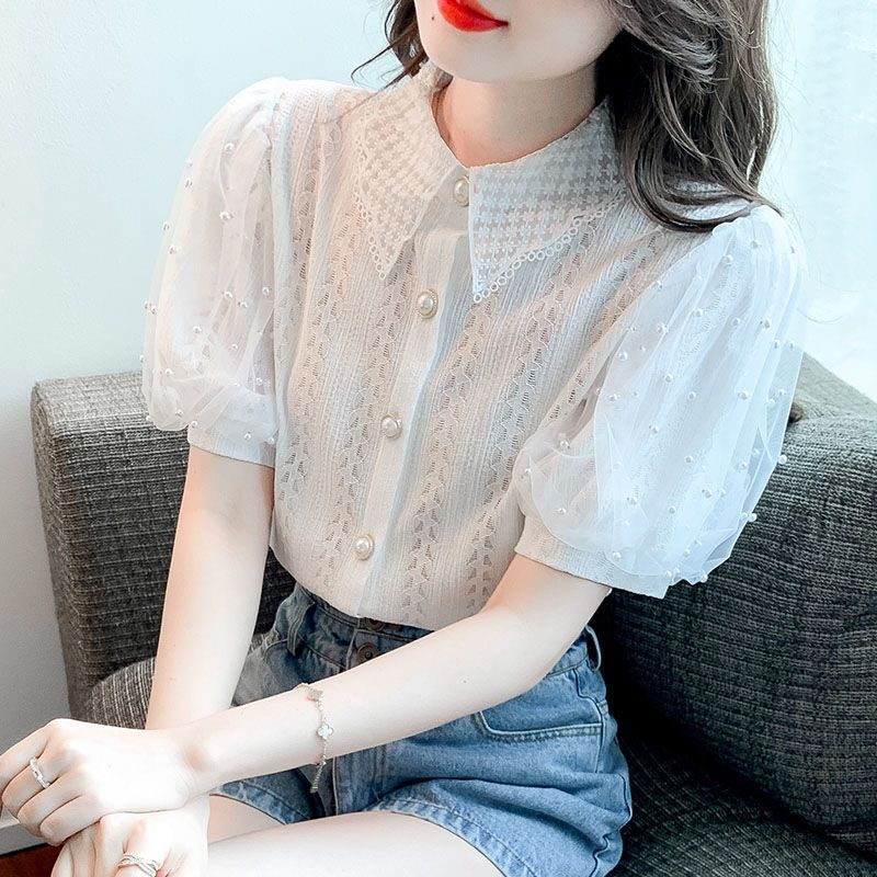 Camicetta da donna in pizzo con maniche a palloncino in rete con perline, cardigan estivo a maniche corte, top trasparente casual, abbigliamento da strada alla moda_voghion.com