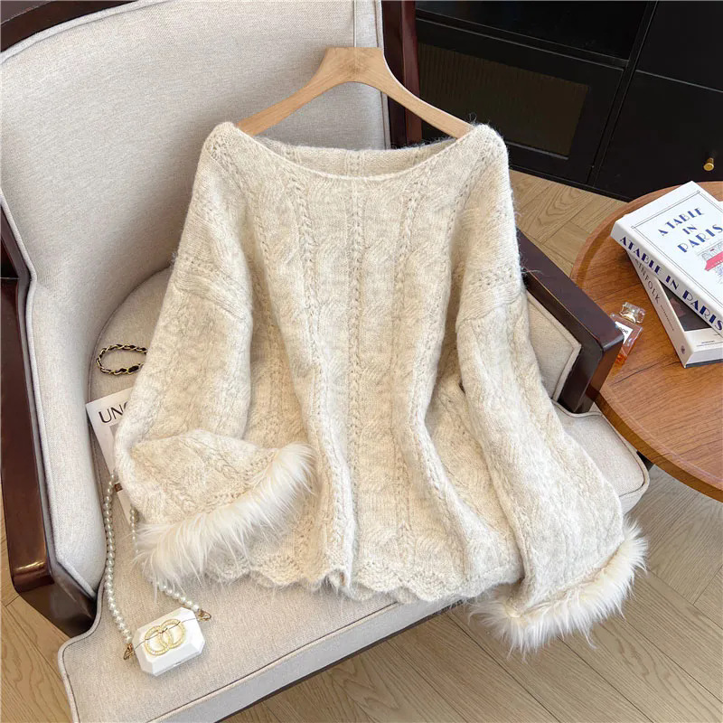 French Style Lazy Style Stitching Horn Sleeve Sweater Women's Autumn and Winter plus size chubby girl Super Nice Unique Beautiful Knitted Sweater