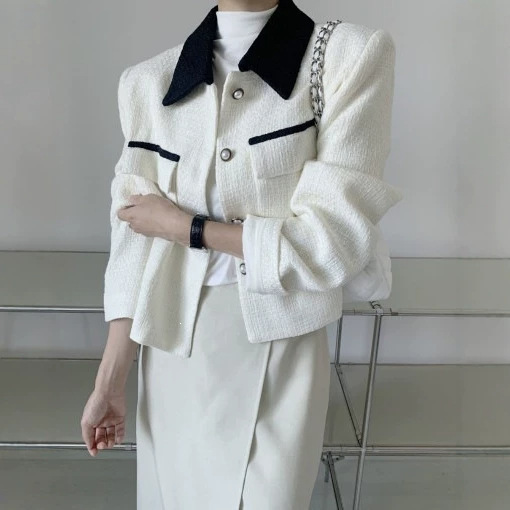 Korean-style chic black and white color-blocked tweed jacket with a lapel collar, a short, slimming, and elegant design perfect for work