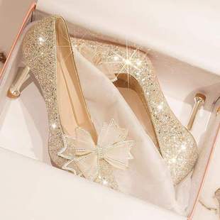 French-Style Main Wedding Dress, Wedding Shoes, Bridal Shoes That Are Not Tiring for the Feet, Cat-Heeled Bow High Heels, Women's Golden Crystal Shoes