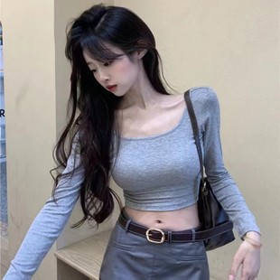 A057 New Sexy Deep U-Neck Exposed Collarbone Solid Color Long-Sleeve T-Shirt with Chest Pads Anti-Exposure Base Shirt Beautiful Back Top
