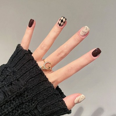 Autumn and winter Lozenge Dark brown Wearing Soft armor Simplicity ins Removable Nail enhancement Patch finished product