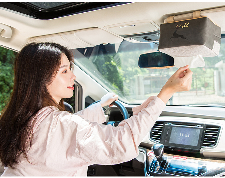 Leather deer car tissue box, sun visor tissue cover, linen creative car sunroof hanging tissue storage bag