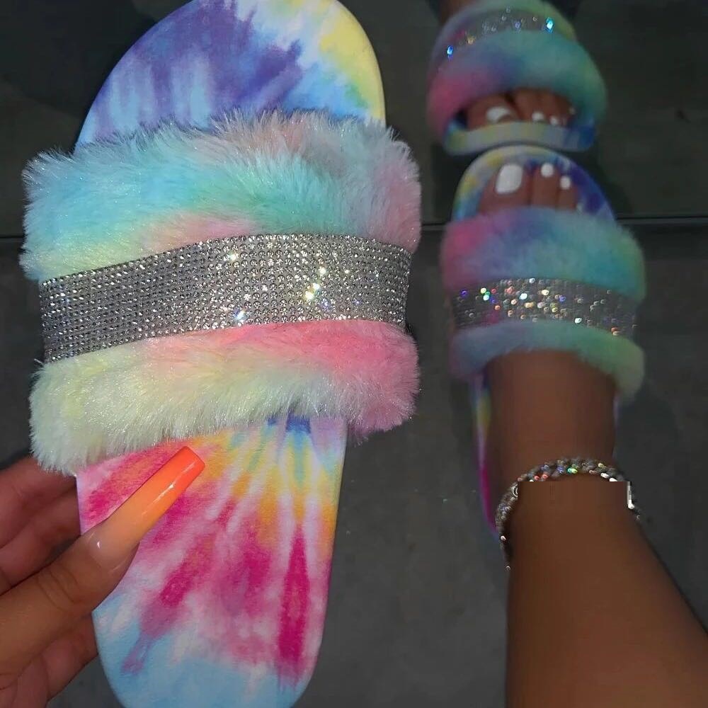 Transfronterizo 2022 AliExpress Comercio exterior 43 más tamaño de fondo grueso talón plano zapatillas de felpa zapatillas de mujer colorido brillante Rhinestone