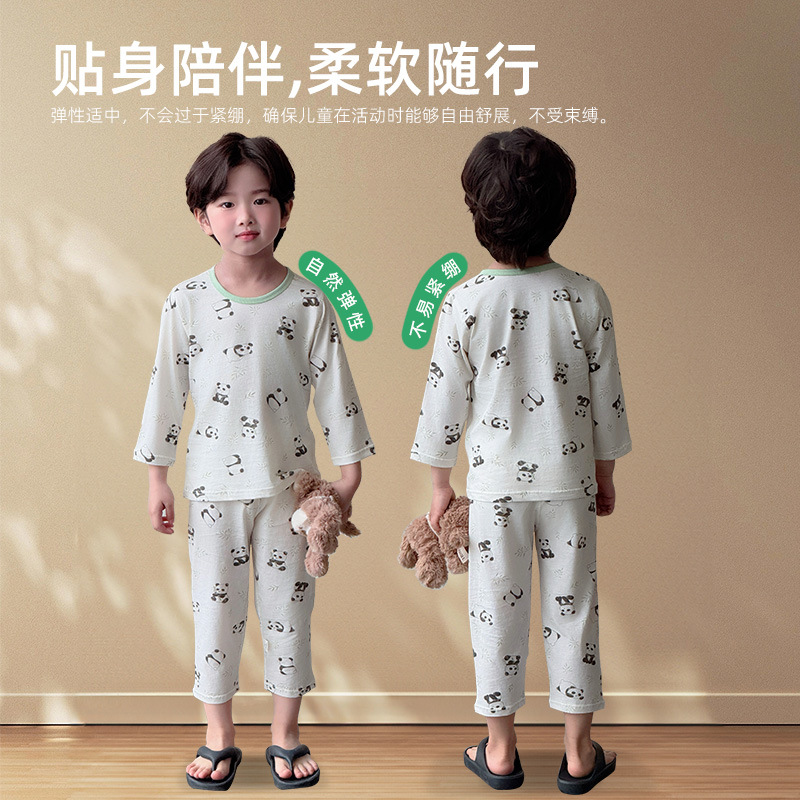 Ropa de aire acondicionado de algodón de clase A para niños, niños y niñas, traje de manga de nueve puntos de 100 algodón, ropa de hogar de algodón de verano para niños grandes