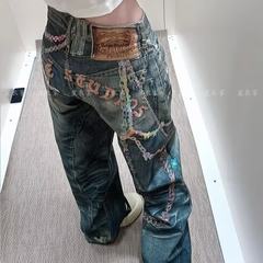 个性满印链条牛仔裤男女微喇设计感水洗做旧阔腿直筒弯刀长裤拖地