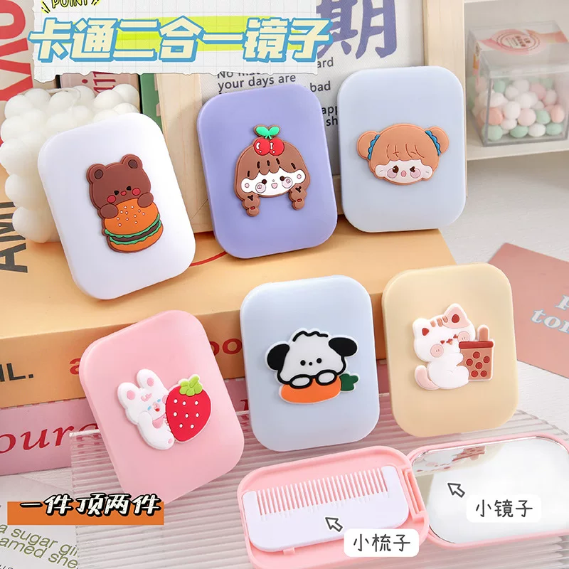 Cartoon folding brush for students, small handheld mirror, 2 in 1