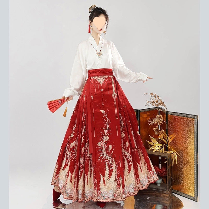 레드 투피스 세트 (말 스커트 + 크로스 칼라 탑)