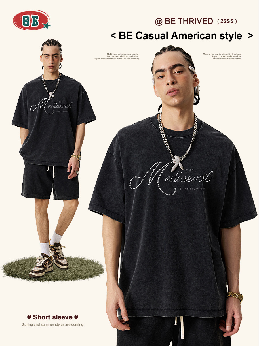 Camiseta de Manga Corta con Perlas para Hombre de Algodón Transpirable Suelto para Uso Casual