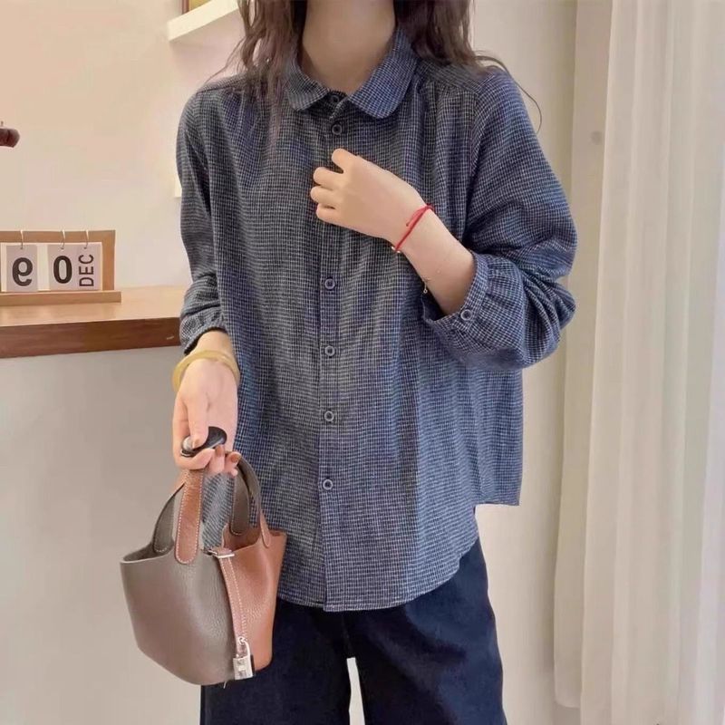 法式小格子长袖衬衫女春秋新款小个子复古灯笼袖翻领开衫衬衣上衣|undefined
