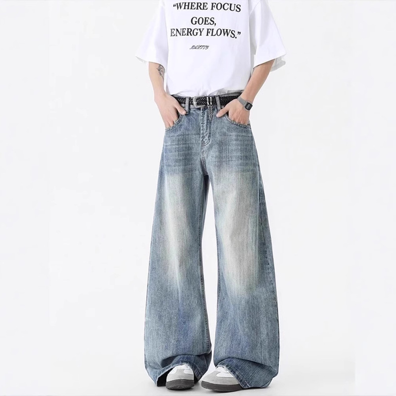 Summer Thin Straight-Leg Jeans for Men, Hong Kong Style Cleanfit Trendy Versatile Washed Wide-Leg Scimitar Pants Men's Clothing