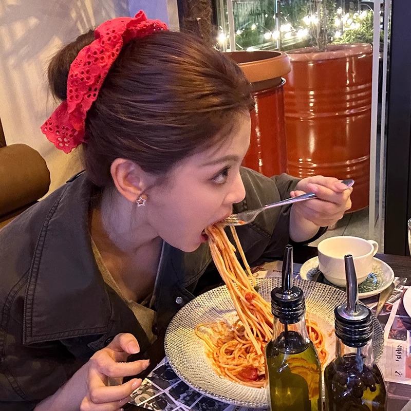 Doble capa de encaje rojo plegado anillo de cabello de intestino grueso retrógrado francés banda de encaje de alta elasticidad no daña adornos de cabello de cabello