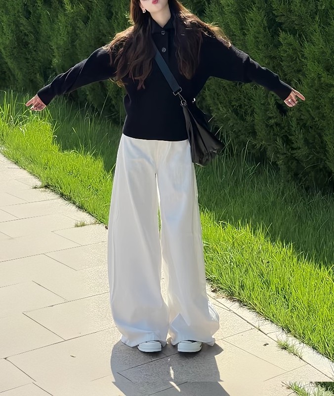 早秋气质一整套ootd穿搭简约通勤黑色长袖针织上衣阔腿裤子两件套|undefined