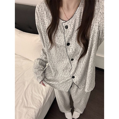 韩系甜美清新碎花睡衣女春秋季新款开衫长袖长裤家居服可外穿套装