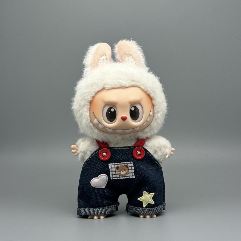 Only Selling Clothes: Labubu Clothes Replacement Set, Cute Denim Overalls with Stickers, 17cm Doll Denim Overalls