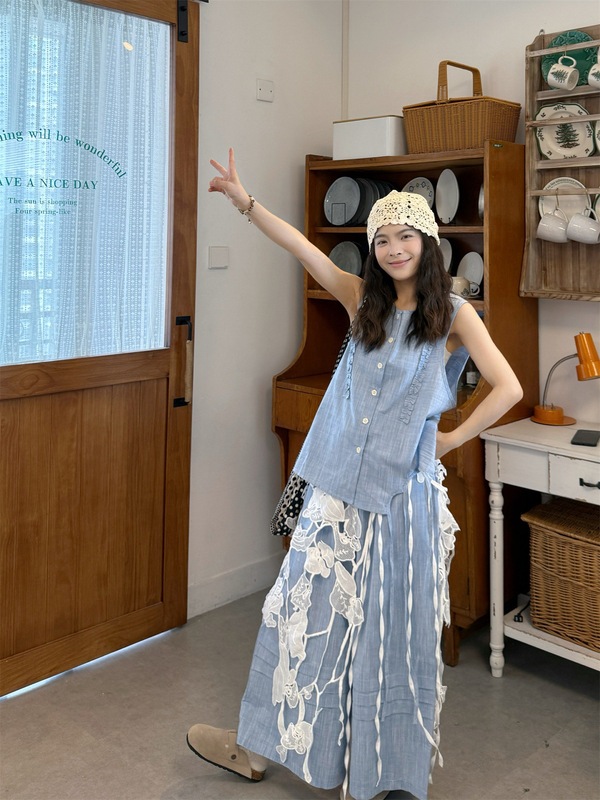 2025夏季新款复古重工花边屁帘无袖背心上衣阔腿休闲裤三件套女潮|undefined