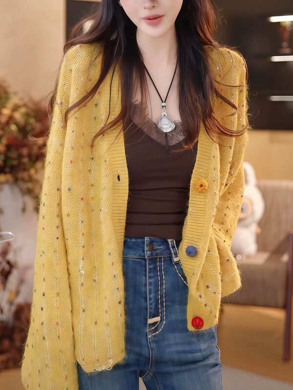 韩系彩色毛球针织开衫毛衣女2025秋季新款宽松慵懒松弛感小众上衣|undefined