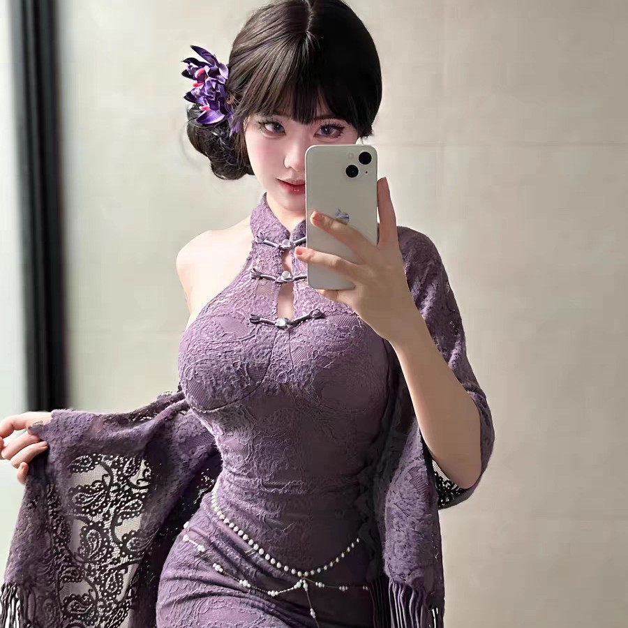 청삼 섹시한 속옷 섹시한 나이트 드레스 재생 보라색 자매 새로운 중국 스타일 빛 럭셔리 레이스 어깨 원피스 역할