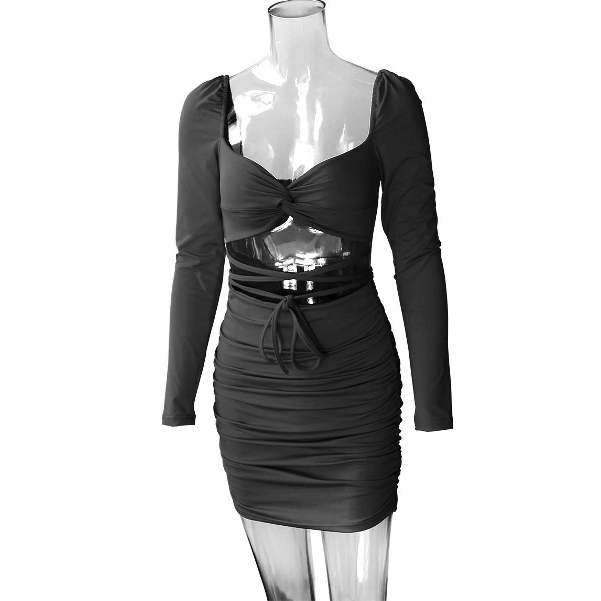Autumn Winter Long Sleeve Dress Hollow Out Cutout Sexy Backless Low Cut Dress Short