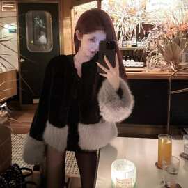 秋冬黑色名媛气质韩版拼色仿狐狸毛水貂绒皮草外套上衣女
