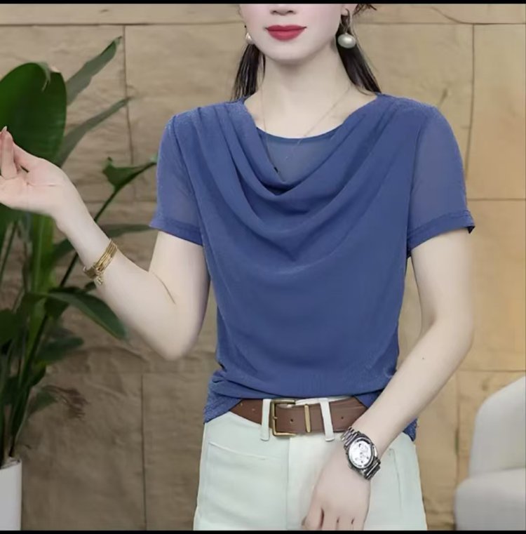一件代发直播爆款2025夏季新款时尚百搭纯色堆堆领网纱弹力短袖T|undefined
