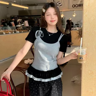 韩系假两件吊带拼接短袖T恤2025夏季甜美木耳边修身上衣女